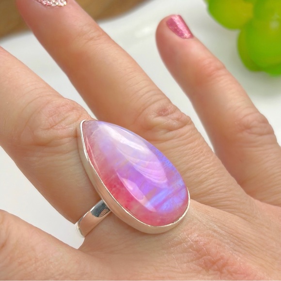 Handmade Jewelry - Pink Rainbow Moonstone Ring Size 8 3/4 New Chunky Sterling Silver 925 Overlay